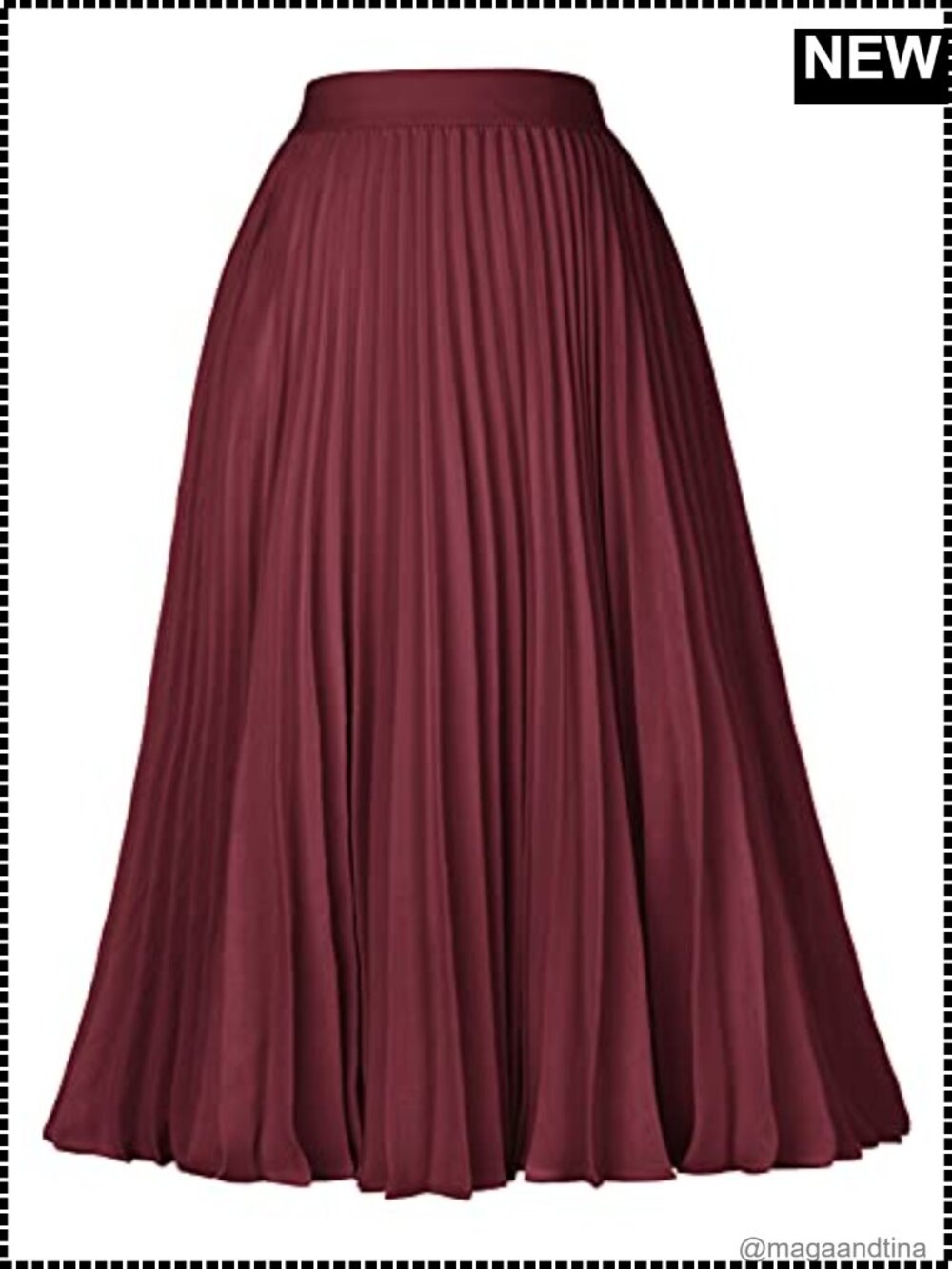 Pleated Midi Skirt Womens Chiffon A-Line Elastic Waist Casual